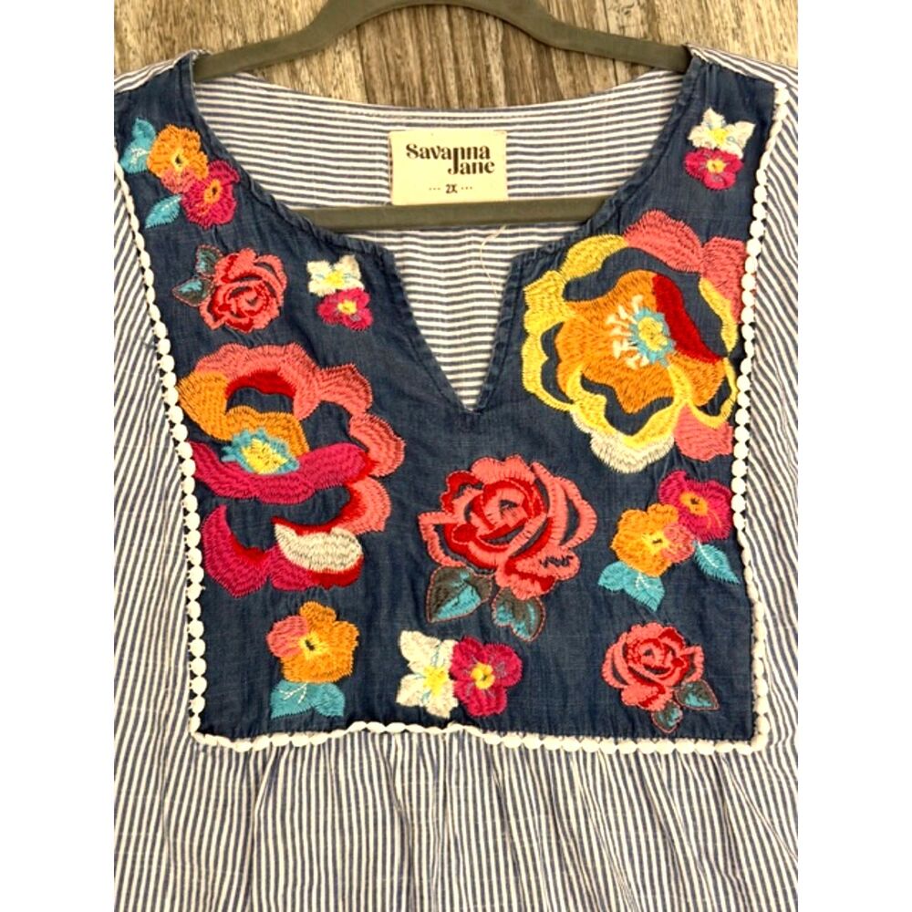 Savanna Jane Embroidered Boho Blouse Women’s 2X Floral Top Stripe Tunic - Picture 9 of 9
